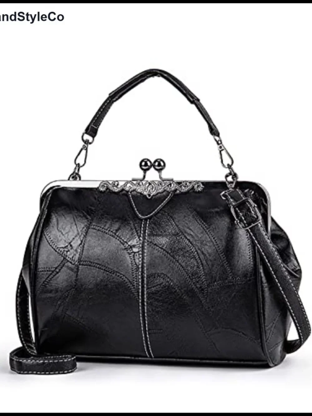 Vintage Faux Leather Satchel Purse with Kiss Lock Crossbody Shoulder Bag